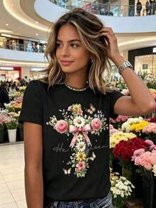 Women's "He Is Risen" Easter Floral T-Shirt, Soft Casual Fit, Short Sleeve, Round Neck, For Spring And Summer, Machine Washable. - Black - View 5