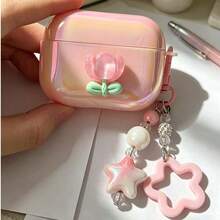 Floral Pink Shiny Shell With Star Pendant, Protective Case Compatible With Apple Charging Case, Scratch-Resistant And Anti-Drop - Multicolor - View 7