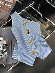 Blusa de mujer con hombro asimétrico, cintura ceñida, hebilla metálica y decoración de estrella de mar - Azul - Ver 1