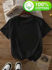 Camiseta de algodón puro para mujer, estampada con un diseño de tres libélulas, es perfecta para usar en primavera y verano, adecuada para vestimenta casual al salir, hacer ejercicio o ir de vacaciones, y presenta un diseño suave y cómodo. - Negro - Ver 3