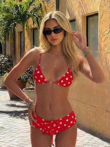 Nuevo conjunto de bikini con estampado de lunares sexy, espalda descubierta y lazo, con tirantes de espagueti para playa y piscina en vacaciones - Rojo - Ver 8