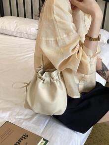 韩版ins风软皮抽绳云朵单肩包，乳白色柔和设计，简约百搭斜挎包，通勤上学两相宜 - 白色 - 查看 6