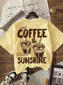 Camiseta gráfica COFFEE CLUB, camiseta casual de manga corta con cuello redondo para mujer, adecuada para verano, vacaciones, playa rosa. - Amarillo claro - Ver 2