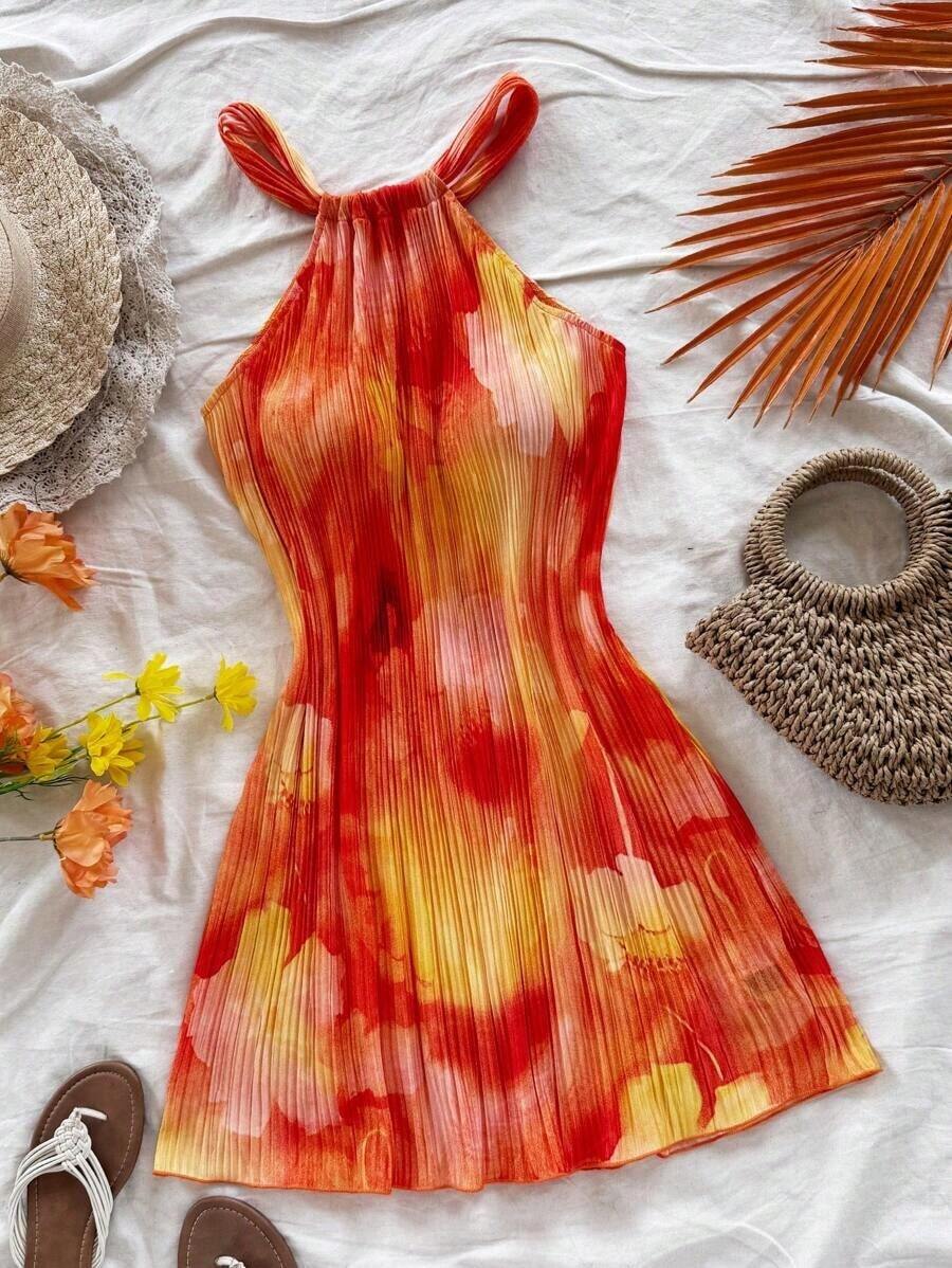 Vestido mini plisado con estampado ombré y cuello halter para mujer, ideal para fiestas, vacaciones, festivales de música, citas de verano, té de la tarde, playa, crucero. Vestido plisado azul, vestido ombré azul, vestido con cuello halter, vestido de vacaciones, vestido de playa, vestido plisado ombré, vestido azul de verano, vestido azul de playa, vestido de vacaciones azul, vestidos plisados, vestido oceánico, vestido azul de verano. - Multicolor - Ver 1