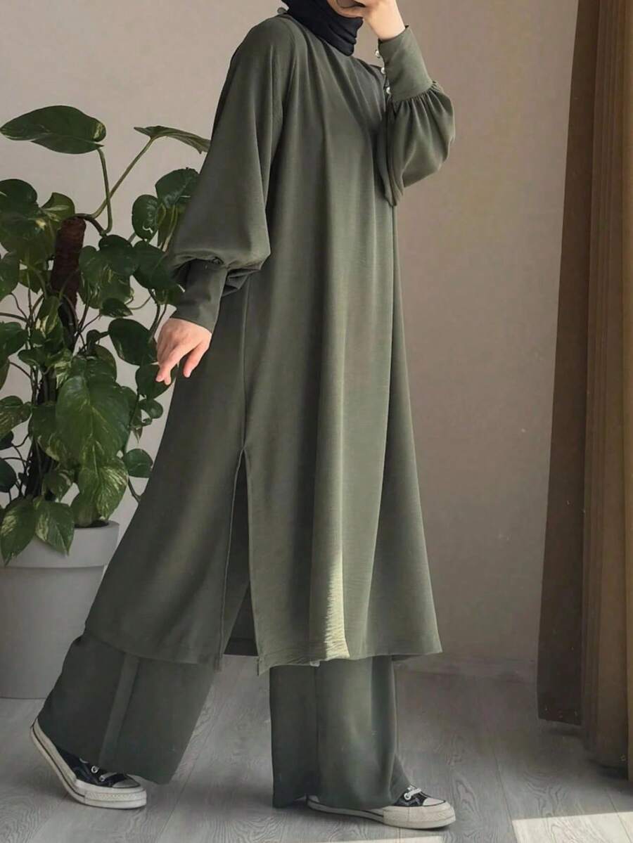 Women's Elegant Arabic Style Solid Color Casual Modest Elegant Loose Round Neck Lantern Sleeve Loose Pants Suit Spring - 黑色 - 查看 1