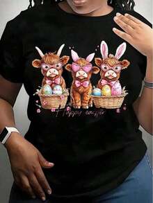 1 pieza Camiseta de vaca y conejo de Pascua con gafas de corazón y huevos de Pascua, diseño de Feliz Pascua para mujeres, regalo divertido de vacaciones de primavera, camiseta de cuello redondo para la celebración de Pascua, 180g 100% algodón suave - Negro - Ver 8