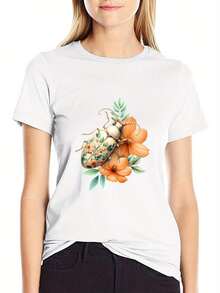 Camiseta manga corta cuello redondo 100% algodón, estampado trendy, tejido ligero y ventilado, estilo moda casual, apta para vida diaria, salidas informales y citas en primavera, verano y otoño - Blanco - Ver 2