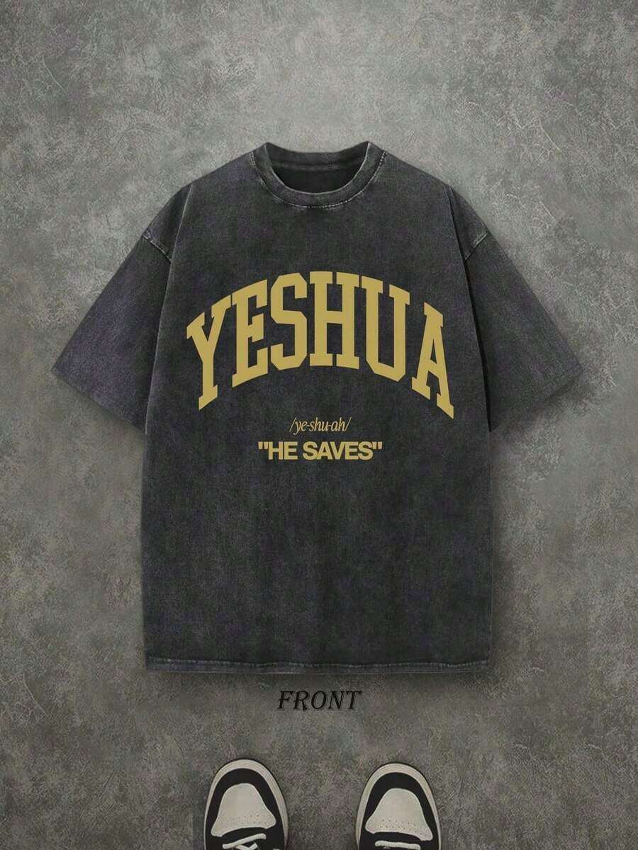 Women's & Men's Retro Washed T-Shirt For Men And Women, Printed On One Side (230 Gram Pure Cotton T-Shirt) With 'YESHUA HE SAVES' Letter And Pattern Print, Christian Gift, Casual T-Shirt For Men, Comfortable, Fashionable, Urban Style, Cotton. - 黑色 - 查看 1