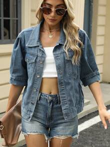 La nueva moda es delgada, relajada, de manga corta, chaqueta vaquero y blusa de moda femenina. - Azul - Ver 4