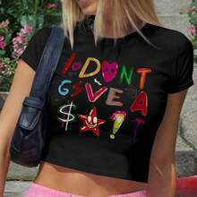Playera ombliguera corta para mujer estilo Y2K con estampado, diseño estético de hada y rockero, manga corta ligera para verano, ropa juvenil súper de moda ideal para chicas adolescentes, look casual y llamativo para uso diario QGHL - Negro - Ver 8