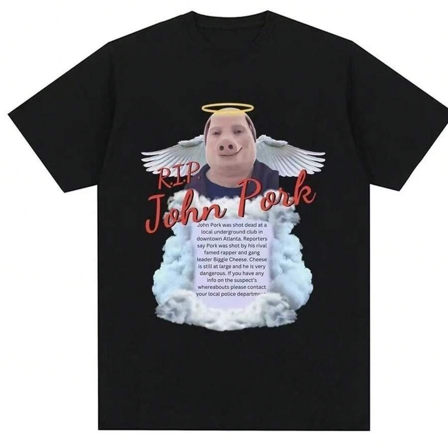 Camiseta Negra con Estampado de Cabeza de Cerdo Divertida, Corte Holgado para Verano, Top de Manga Corta Versátil y Humorístico, Diseño de Nicho - Negro - Ver 1