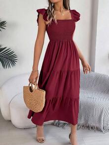 Nuevo vestido midi de unicolor con cuello cuadrado, casual, con espalda descubierta, volantes y sin mangas, color caqui, elegante para primavera/verano - Burdeos - Ver 4