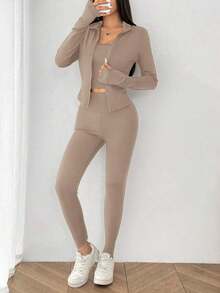 Conjunto deportivo de 3 piezas para mujer: Cárdigan de punto con cremallera + Camiseta + Pantalones en color negro - Caqui - Ver 7