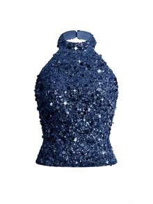 Blusa de mujer con hombros al descubierto y lentejuelas, adecuada para bodas, galas, vuelta al colegio, festivales de música, fiestas del Día de la Madre, vacaciones en la playa - Azul marino - Ver 3
