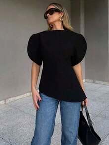 Blusa corta de primavera 2026 con mangas abullonadas asimétricas, cuello redondo y diseño con cremallera en la espalda, estilo callejero de verano - Negro - Ver 6