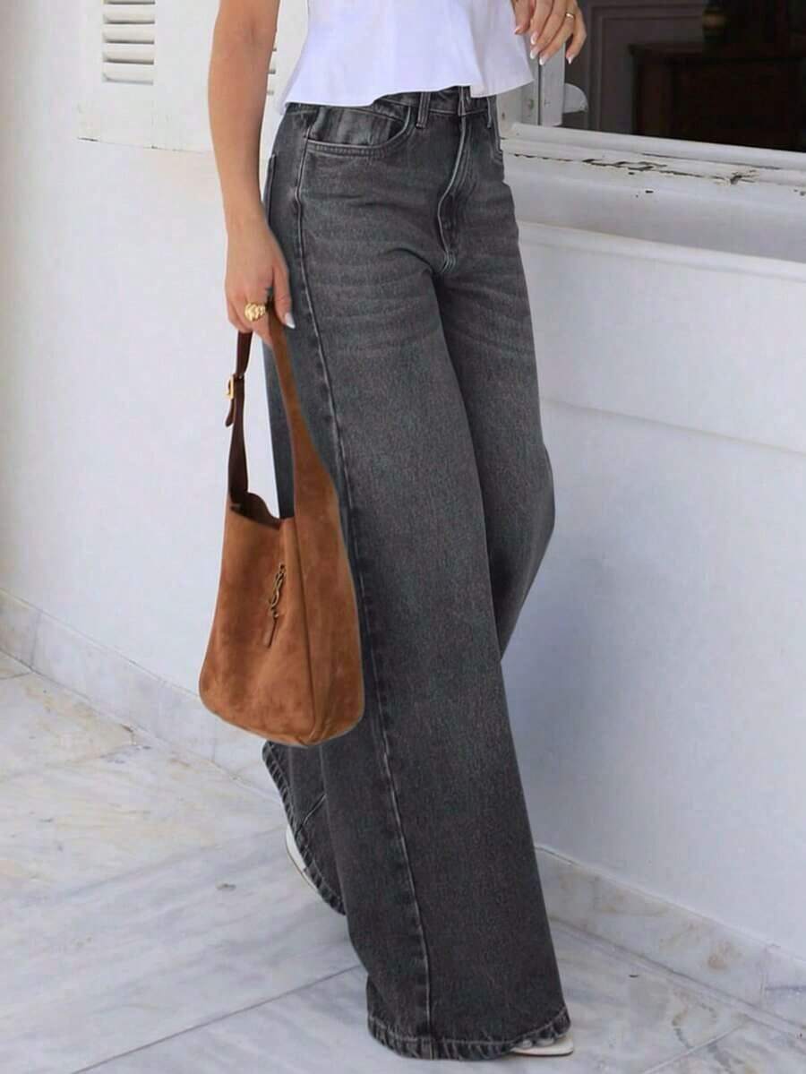 Jeans rectos y sueltos para mujer con bolsillos, pantalones vaqueros de mezclilla lavada minimalista y casual, adecuados para el uso en verano y esenciales para el otoño, la primavera y las vacaciones - Gris - Ver 1