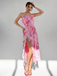 Vestido ajustado con cuello en V, volantes en el bajo y estampado floral romántico para mujeres, adecuado para vacaciones de verano y citas - Multicolor 2 - Ver 1