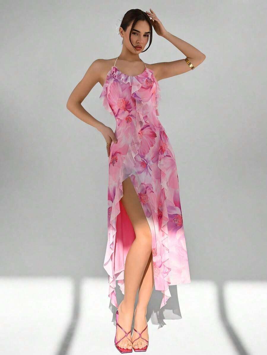 Vestido ajustado con cuello en V, volantes en el bajo y estampado floral romántico para mujeres, adecuado para vacaciones de verano y citas - Multicolor 2 - Ver 1