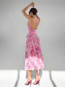 Vestido ajustado con cuello en V, volantes en el bajo y estampado floral romántico para mujeres, adecuado para vacaciones de verano y citas - Multicolor 2 - Ver 2