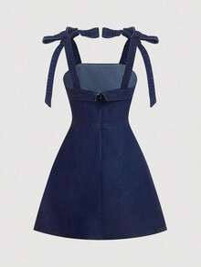 Vestido de mezclilla informal sin mangas con lazo en los hombros para mujer - Azul lavado oscuro - Ver 2