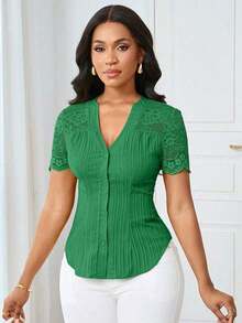 Camisa casual de mujer de unicolor y estilo simple para uso diario, verano - Verde 3 - Ver 4