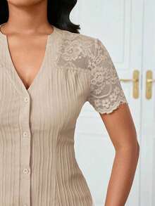 Camisa casual de mujer de unicolor y estilo simple para uso diario, verano - Caqui - Ver 5