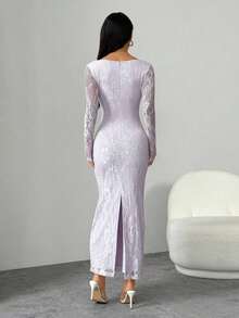 PETITE Vestido maxi negro ajustado de cuello cuadrado con copa de pecho, mangas largas de encaje con forma de S y escote sexy para fiesta de verano, cita y noche - Púrpura malva - Ver 2