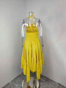 Vestido largo unicolor primavera falda amplia elegante estilo europeo de moda para mujer - Amarillo - Ver 7