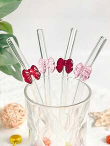 1/2/4/6 Stück gebogene Glasstrohhalme mit roter und rosa Schleifendekoration, geeignet für Bubble Tea, Milchshakes und Sommergetränke, elegante Dekoration für Strand, Hochzeit und Küche, ideales Urlaubsgeschenk für alle saisonalen Anlässe - Übersicht 5