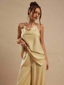 Women's Satin Palazzo Pants, Elegant Loose-Fitting Ginger Yellow Trousers, Suitable For Going Out, Brunch, Summer, Weddings, Honeymoon, Beach Vacation - 黃色 - 查看 7