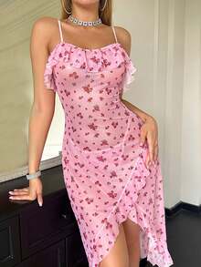 SOFUSEN Princess Style Ruffle Strap Nightgown, Sexy Sheer High Slit Mesh Dress, Sexy Lingerie - Pink - View 3
