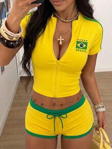 Bộ đồ thể thao nữ phong cách Y2K họa tiết Brazil gồm áo crop top ngắn tay có khóa kéo và quần short dây rút, bộ 2 mảnh thể thao kiểu Brazil dành cho nữ, áo crop top ngắn tay có khóa kéo phối cùng quần short mini viền tương phản, phong cách đường phố, bộ đồ thể thao mùa hè thường ngày họa tiết cờ Brazil gồm áo ngắn tay và quần short bó sát. - Màu vàng - Xem 2