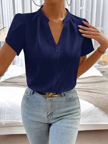 Blusa de trabajo con cuello en pico y mangas de pétalo de color blanco para mujer, blusas de manga corta - Azul marino - Ver 5