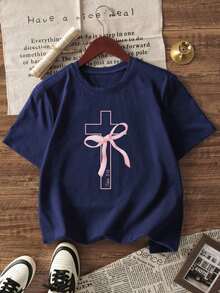 1 pieza de camiseta de manga corta con cuello redondo y estampado de mariposas y cruces para niñas, ropa de verano para estudiantes jóvenes - inspira la imaginación y la autoexpresión. - Azul Marino - Ver 4
