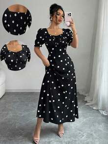YHHRafferiza Vestido cuadrado de mujer con estampado floral elegante, con volantes, manga con volantes, adecuado para primavera, verano y otoño, vestido corto con lunares, vestido largo elegante, vestido retro para mujer, vestido vintage para mujer, vestidos de lunares para mujer, nuevo vestido de mujer con lunares, vestido largo de lunares, vestidos de lunares para mujer, vestido de lunares vintage, vestido de lunares, nuevo vestido negro de lunares para mujer, vestido de lunares con manga abullonada para mujer, vestido midi de lunares para mujer, vestido de lunares con cuello cuadradoYHH - Negro - Ver 1