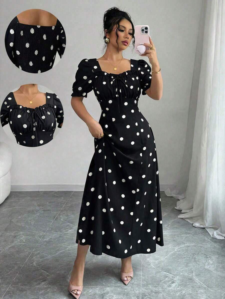 YHHRafferiza Vestido cuadrado de mujer con estampado floral elegante, con volantes, manga con volantes, adecuado para primavera, verano y otoño, vestido corto con lunares, vestido largo elegante, vestido retro para mujer, vestido vintage para mujer, vestidos de lunares para mujer, nuevo vestido de mujer con lunares, vestido largo de lunares, vestidos de lunares para mujer, vestido de lunares vintage, vestido de lunares, nuevo vestido negro de lunares para mujer, vestido de lunares con manga abullonada para mujer, vestido midi de lunares para mujer, vestido de lunares con cuello cuadradoYHH - Negro - Ver 1
