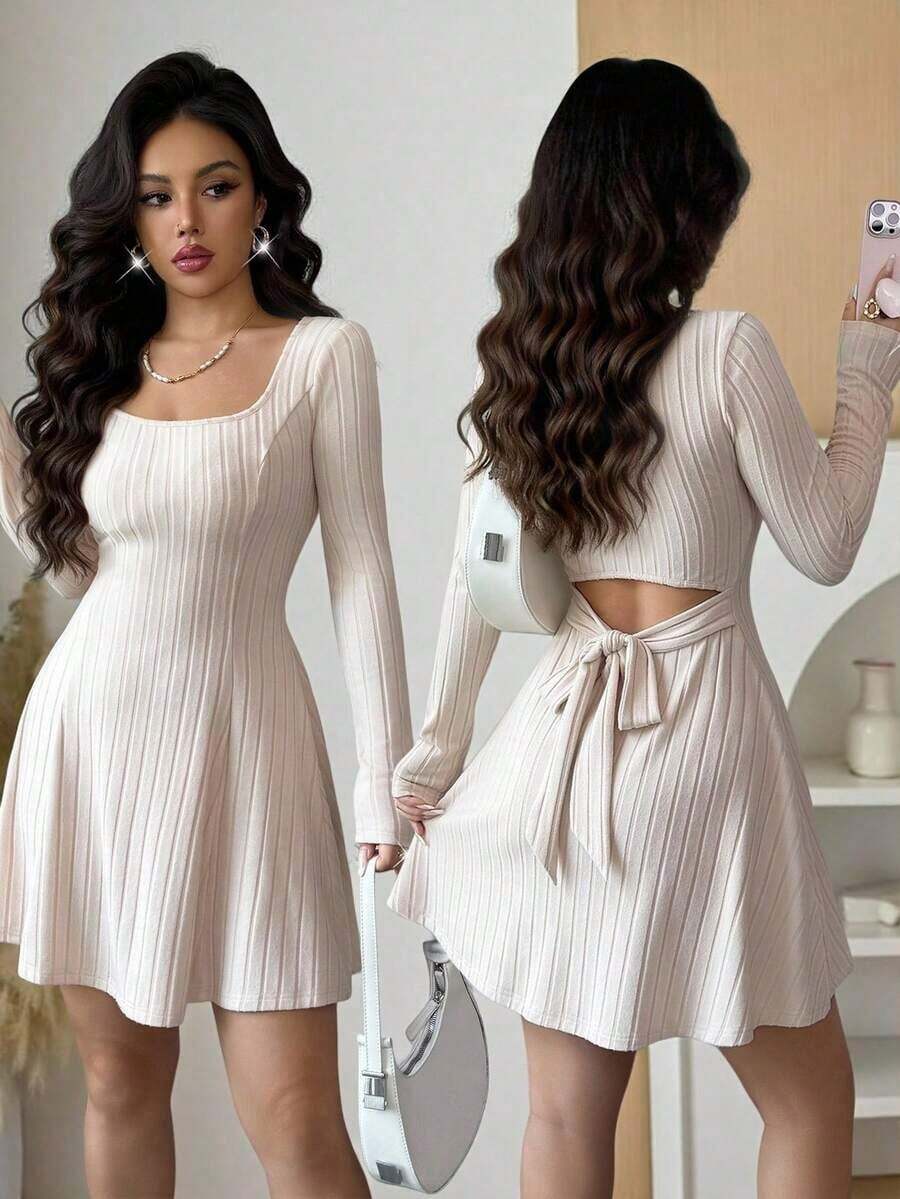 Vestido casual de mujer de unicolor con cuello redondo, manga larga, espalda descubierta y costilla retorcida, para otoño, vestidos de otoño, atuendos de otoño para mujer, vestidos de invierno para mujer, vestido con lazo en la espalda, vestido de moda y versátil, para uso al aire libre, uso casual diario en el hogar - Albaricoque - Ver 1