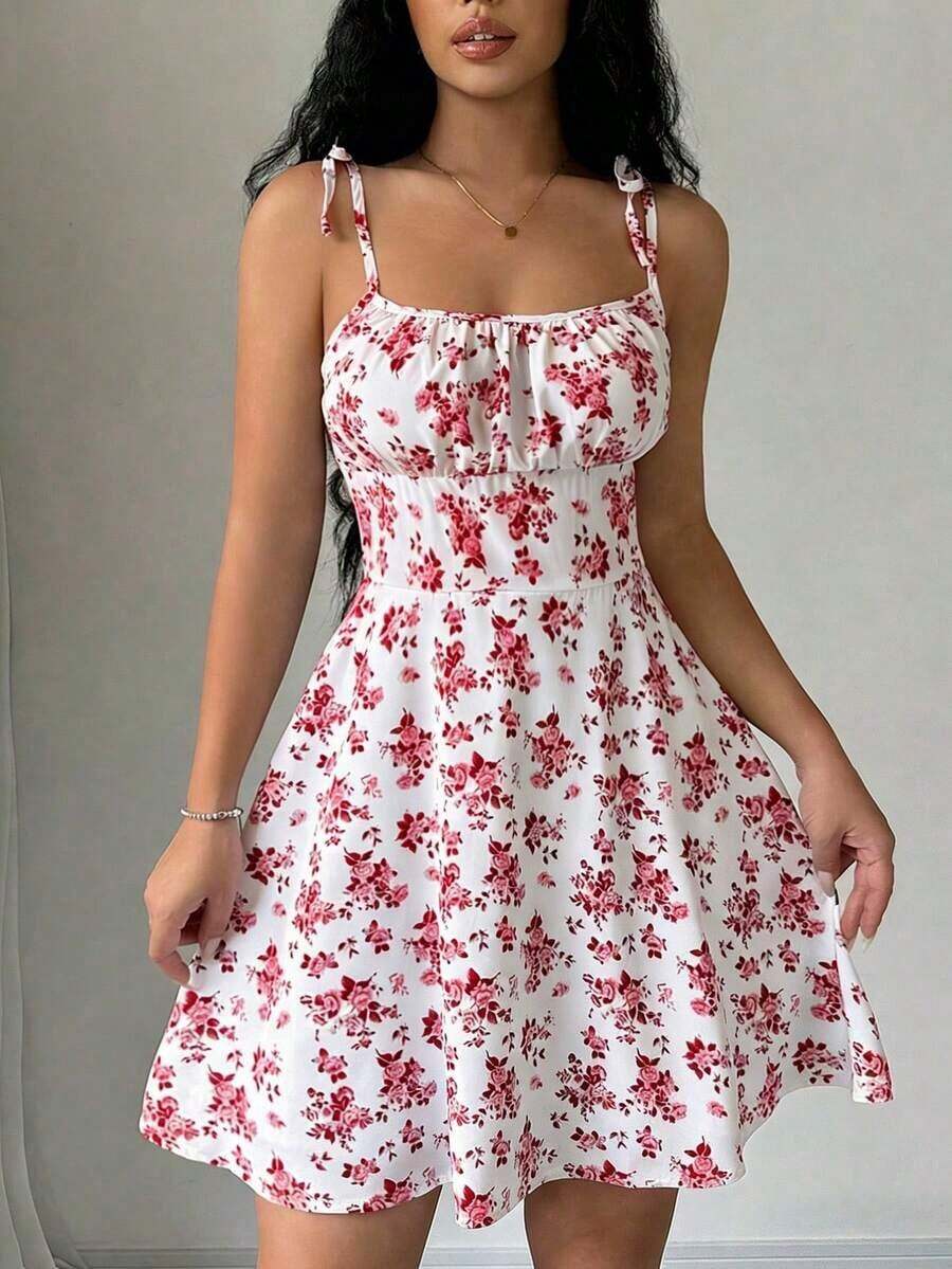 Vestido corto con tirantes finos, espalda anudada, estampado floral y pliegues para mujer - Multicolor 2 - Ver 1
