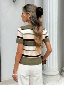 Blusa de punto holgada de manga corta con cuello redondo de estilo casual para mujer, estilo universitario con rayas marrones y azules, blusa de verano, blusa de estilo universitario estadounidense, adecuada para uso diario, blusa de verano, blusa - Multicolor 2 - Ver 2