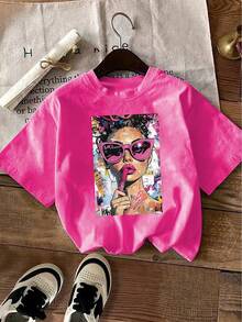 Camiseta manga corta cuello redondo 100% algodón, estampado trendy, tejido ligero y ventilado, estilo moda casual, apta para vida diaria, salidas informales y citas en primavera, verano y otoño - Rosa Fucsia - Ver 6