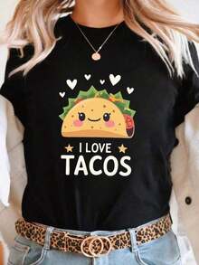 Camiseta de manga corta, cuello redondo y corte holgado para mujer, de 180 gramos, diseñada por un artista de la era Y2K, con estilo Bababask, hecha de 100% algodón puro. Tienen un estilo casual y son versátiles, adecuados para uso urbano, salidas diarias, campamentos, conciertos, eventos de hip-hop, rock y rap, y presentan diseños inspirados en celebridades. Muy adecuado para su uso durante las vacaciones, el otoño y durante todo el año. Hermosas tortillas con patrones de corazones y estrellas, me encantan las tortillas. - Negro - Ver 7