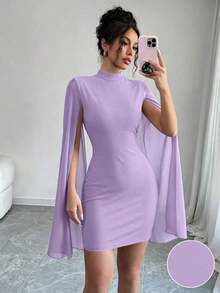 Vestido de capa ajustada con cuello mao de unicolor - Morado - Ver 9