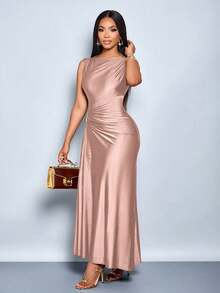 Vestido elegante de mujer con decoración de metal de unicolor, ajuste delgado, adecuado para el uso diario, compras, fiestas y reuniones - Rosa Pálido - Ver 5