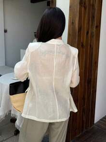 Blazer casual de manga larga con bolsillo y cierre de botones delantero liso para mujer, ropa de otoño para vestir en la oficina - Beis - Ver 3