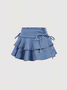 MOD Falda de mezclilla de moda para mujer con cintura anudada a los lados y dobladillo con doble volante - Azul 2 - Ver 5