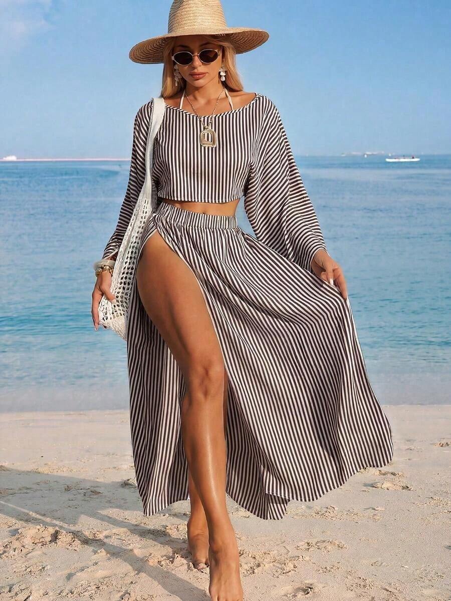 Nevyona Conjunto de dos piezas de cubrecuerpo casual de manga larga y abertura para mujer, color blanco - Marrón - Ver 1