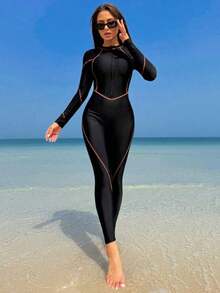 Bikinx Traje de baño de una pieza deportivo con cremallera frontal, manga larga, ajustado, con ribete de contraste de unicolor para vacaciones y playa en verano - Naranja Quemada - Ver 3