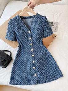 Vestido vaquero de mujer de moda casual con cuello en V y abotonadura sencilla - Azul lavado medio 2 - Ver 1