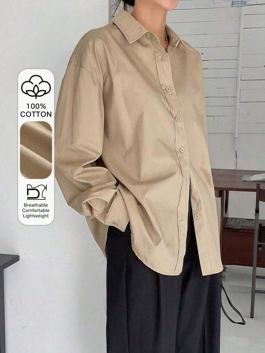 Camisa holgada con botones y hombros caídos, manga larga, ropa de otoño - Caqui - Ver 1