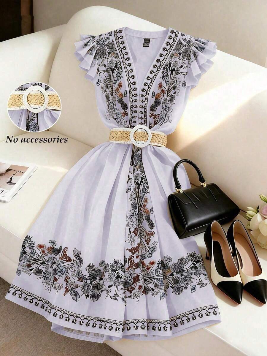 Vestido corto elegante con cuello cruzado en V, estampado floral y volantes en el bajo, manga corta;Vestido midi de línea A con estampado de ubicación;Vestido de verano azul para mujer;Vestido de estilo vacacional;Vestido de verano minimalista de moda - Azul - Ver 1